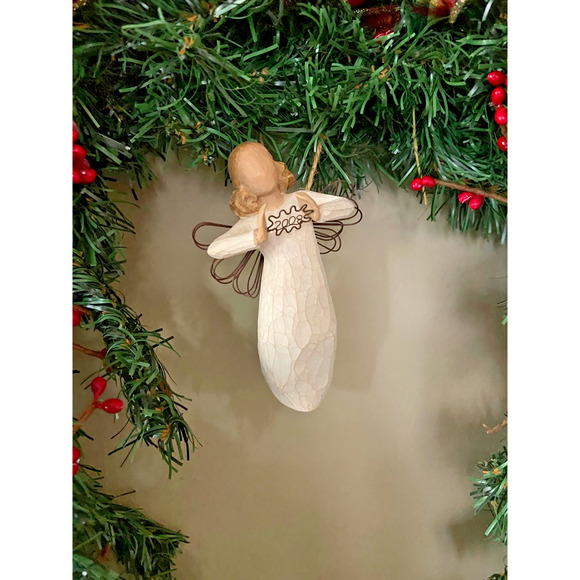 Handmade Willow Tree Angel Christmas 21" Wreath With Plaid Bow And Red Accents - Picture 3 of 11